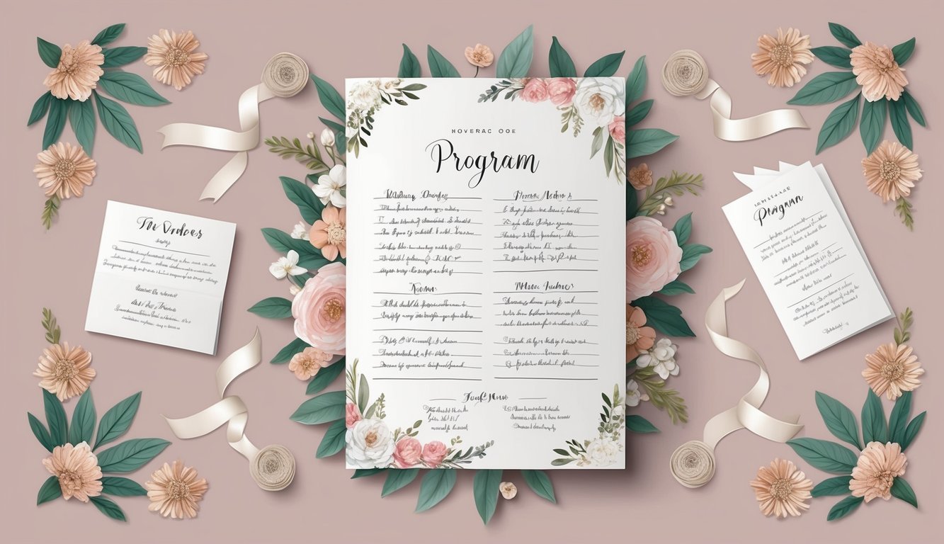 A wedding program with handwritten notes surrounded by decorative elements like flowers, ribbons, and other personalized details