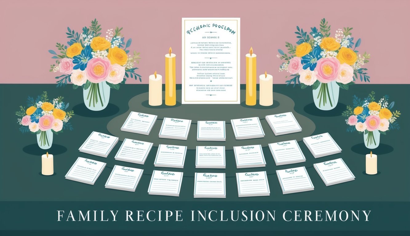 A family recipe inclusion ceremony: a table with a collection of recipe cards, surrounded by flowers and candles, with a wedding program displayed prominently