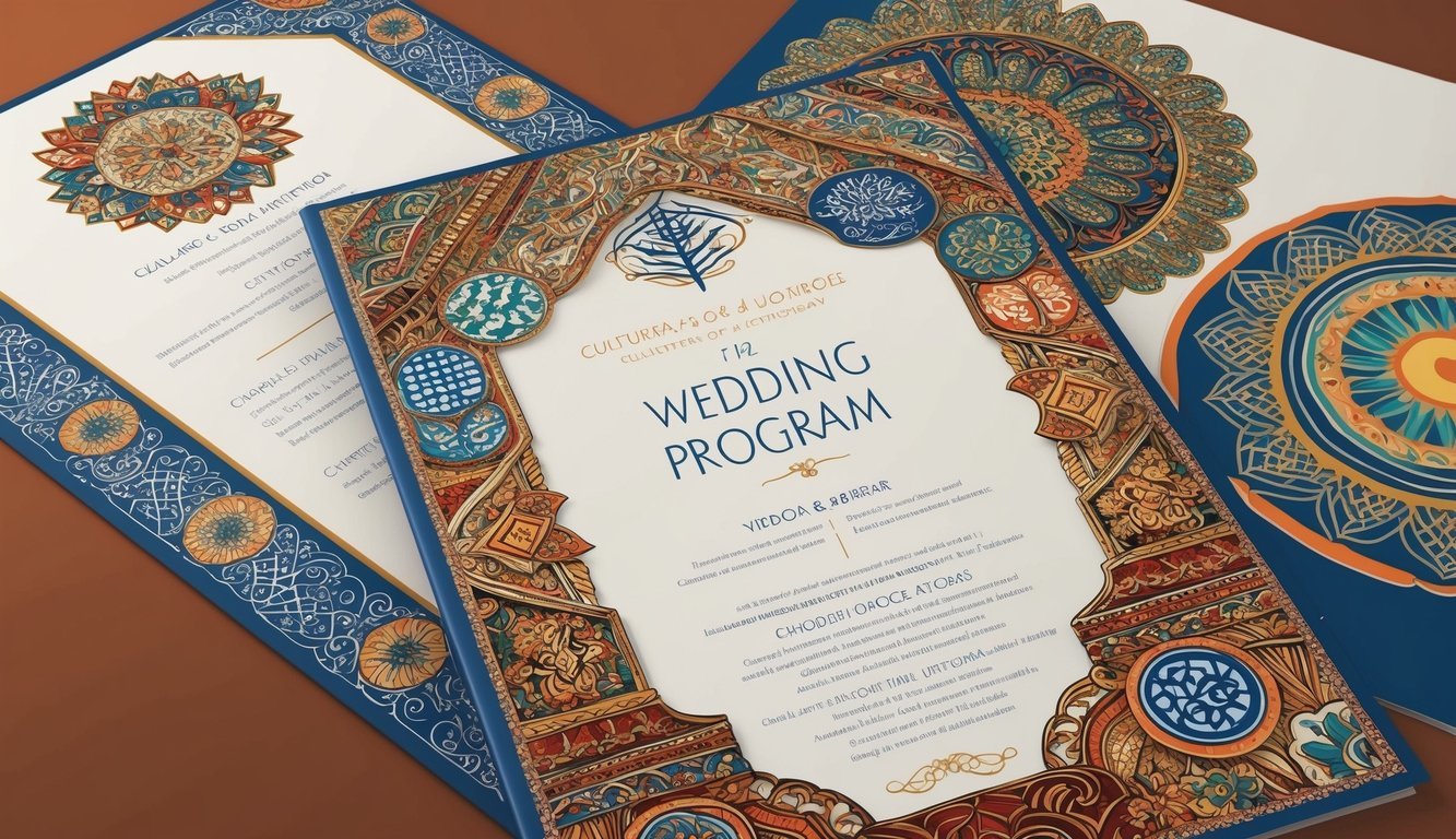 A wedding program adorned with cultural symbols from around the world, including intricate designs and patterns representing different traditions and customs