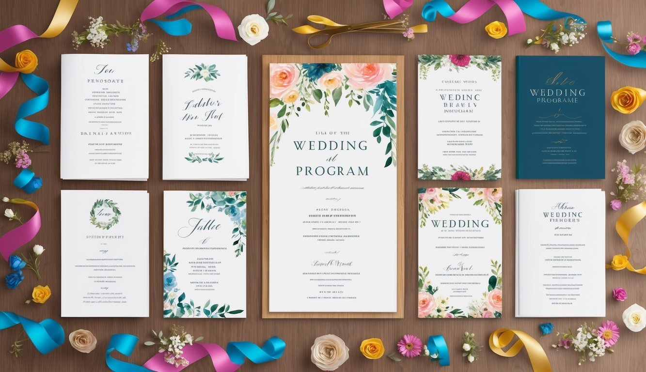 A table with various wedding program designs, surrounded by colorful ribbons, flowers, and decorative elements