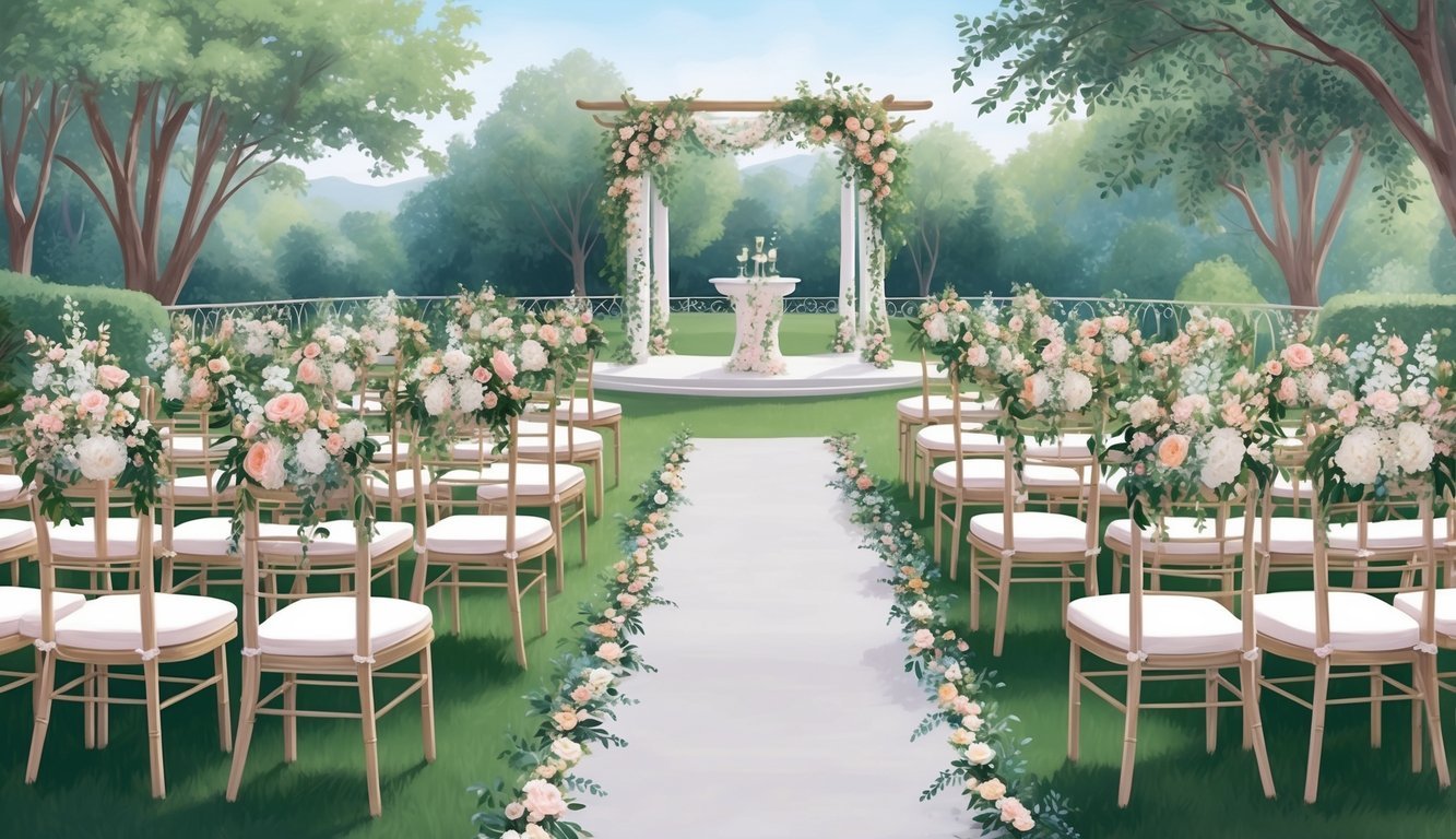 A serene outdoor wedding venue with elegant seating arrangements, floral decorations, and a flowing aisle leading to a beautifully adorned altar