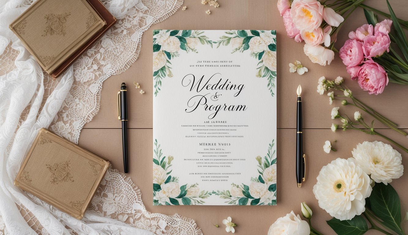 A wedding program surrounded by blooming flowers, delicate lace, vintage books, and elegant calligraphy pens