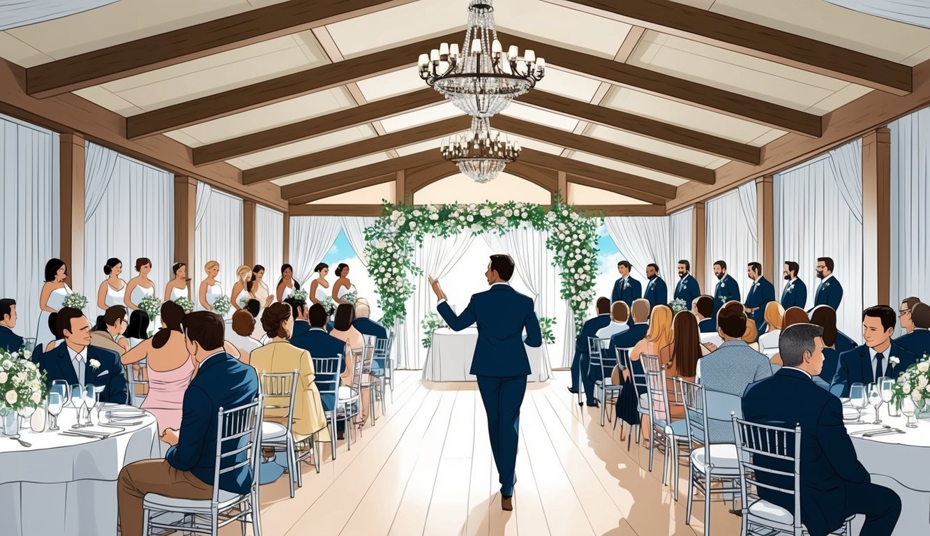 A bustling wedding venue with a coordinator overseeing seamless logistics, from setting up decorations to directing vendors and ensuring smooth transitions