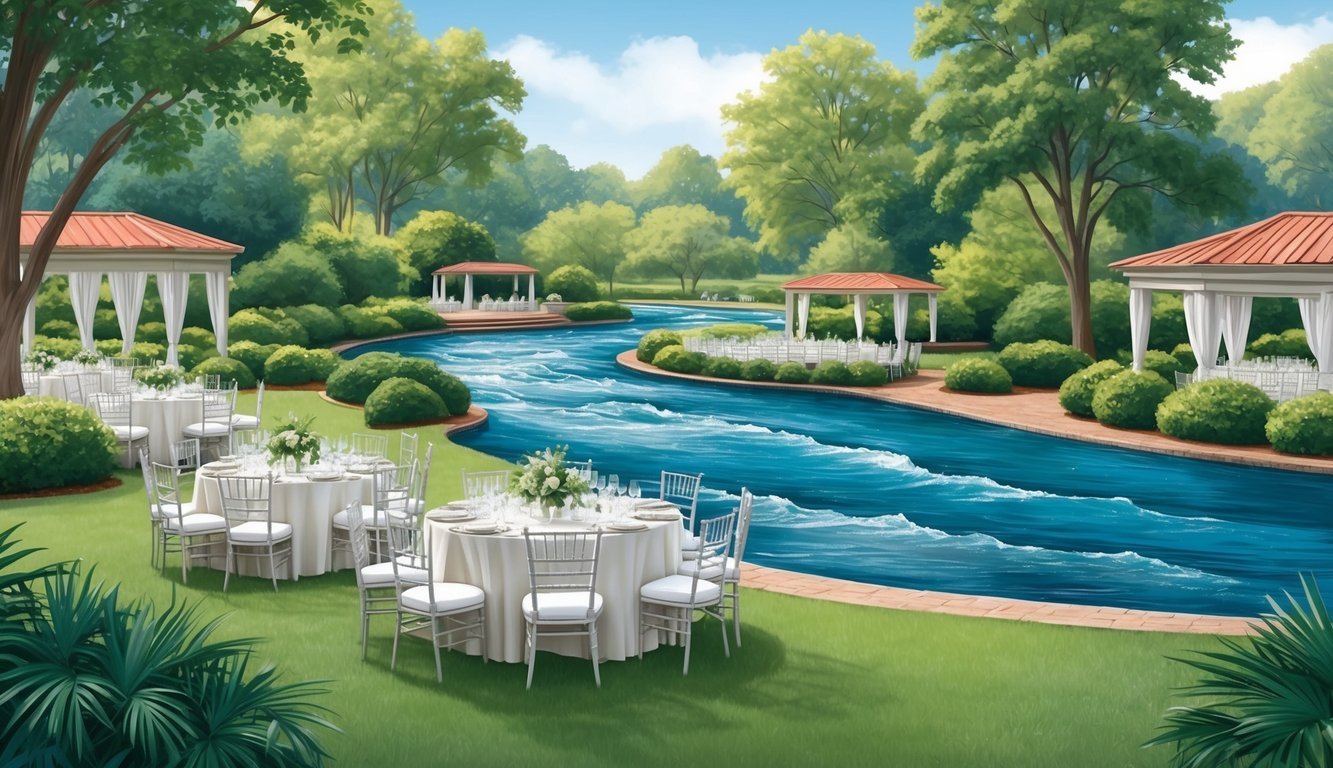 A serene outdoor venue with a flowing river, surrounded by lush greenery and elegant seating arrangements