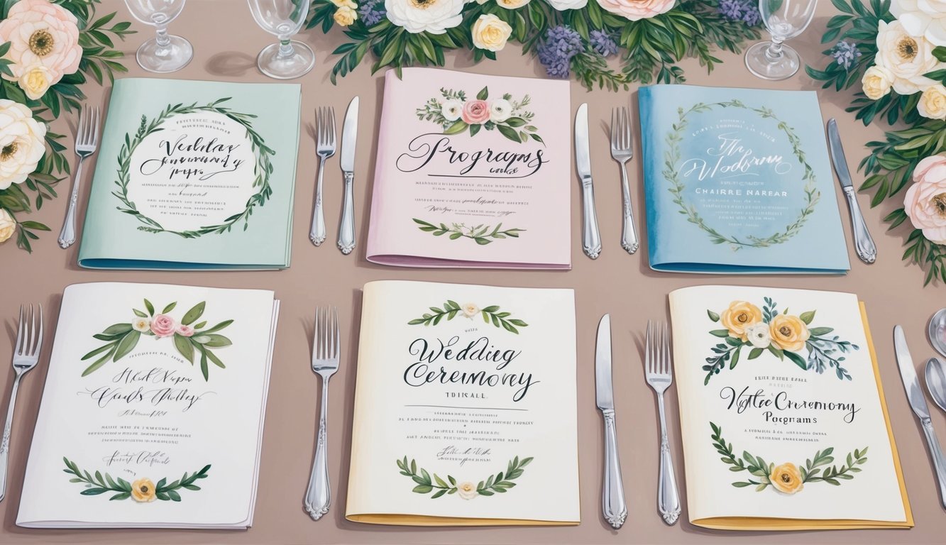 A table adorned with handmade paper wedding ceremony programs, each uniquely personalized with different details such as embossing, calligraphy, and floral accents