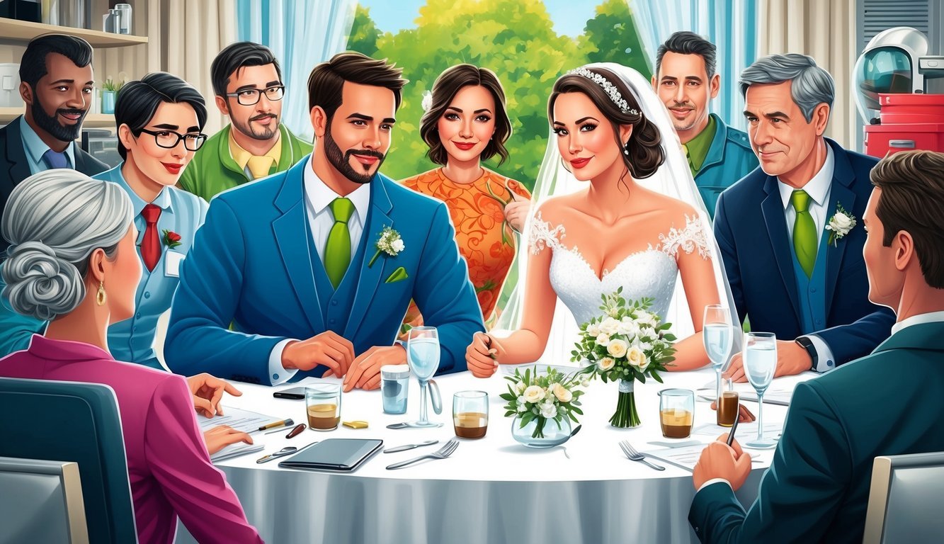 A bride and groom sit at a table surrounded by various vendors, discussing details and making plans for their wedding day