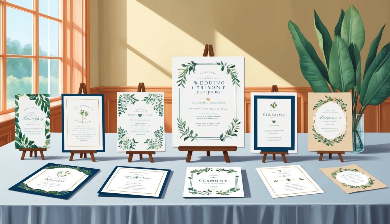 A table with various wedding ceremony program designs, including custom illustrations, embossed details, and unique shapes, displayed in a well-lit room