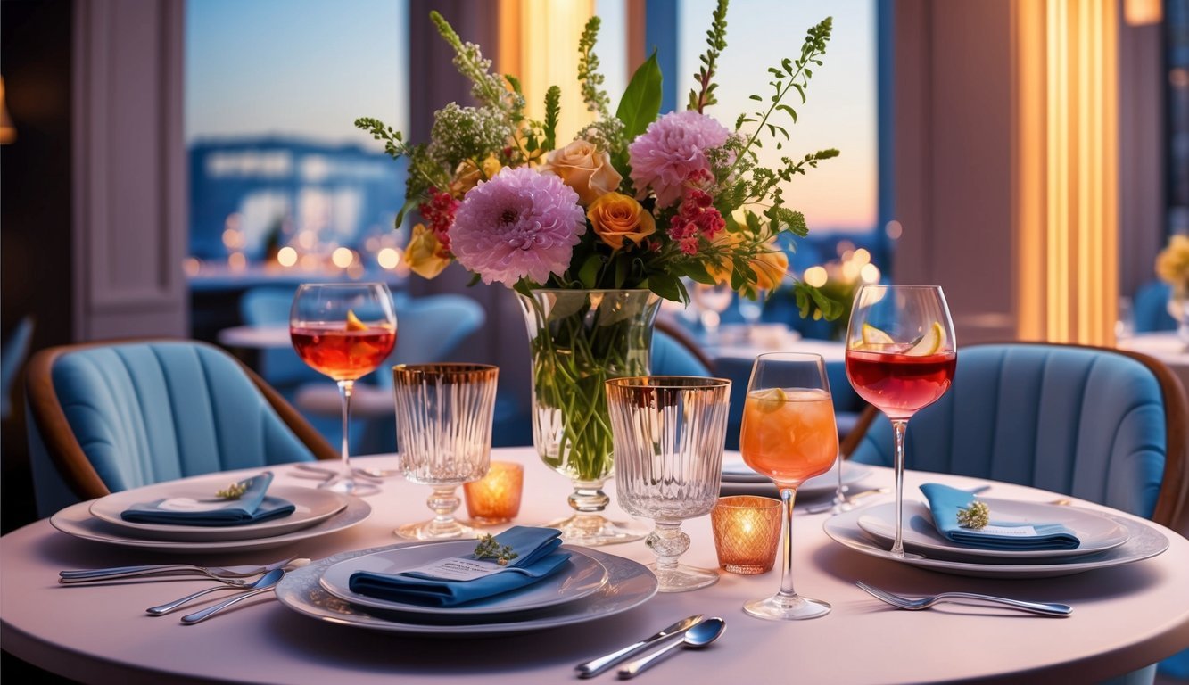 A beautifully decorated cocktail hour with elegant glassware, fresh flowers, and ambient lighting, creating a sophisticated and relaxed atmosphere