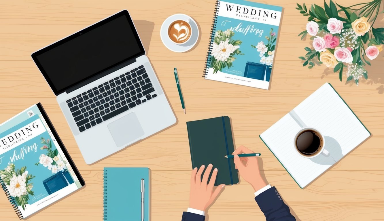 A table with a laptop, notebook, and pen, surrounded by wedding magazines, flowers, and a cup of coffee