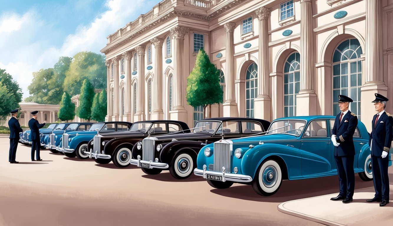 A line of elegant vehicles waiting outside a grand venue, with uniformed drivers standing by to assist guests