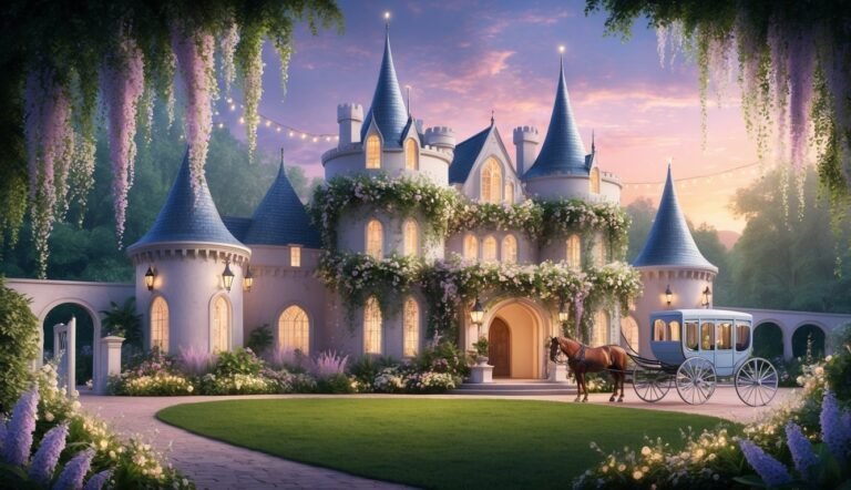 Fairytale castle with horse-drawn carriage, flowers, and a beautiful sunset