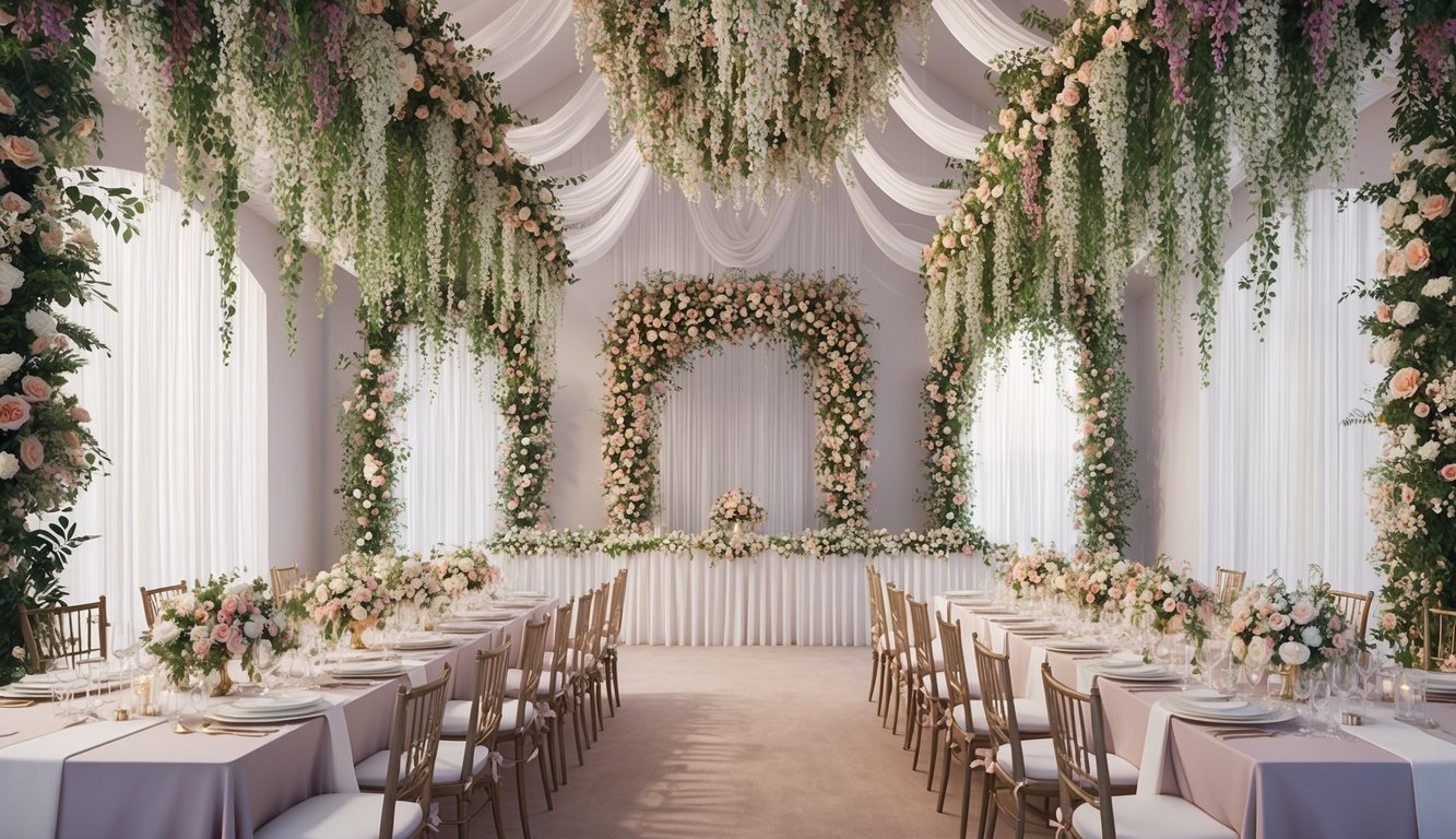 A wedding venue adorned with cascading floral installations, from archways to table centerpieces, creating a romantic and enchanting atmosphere