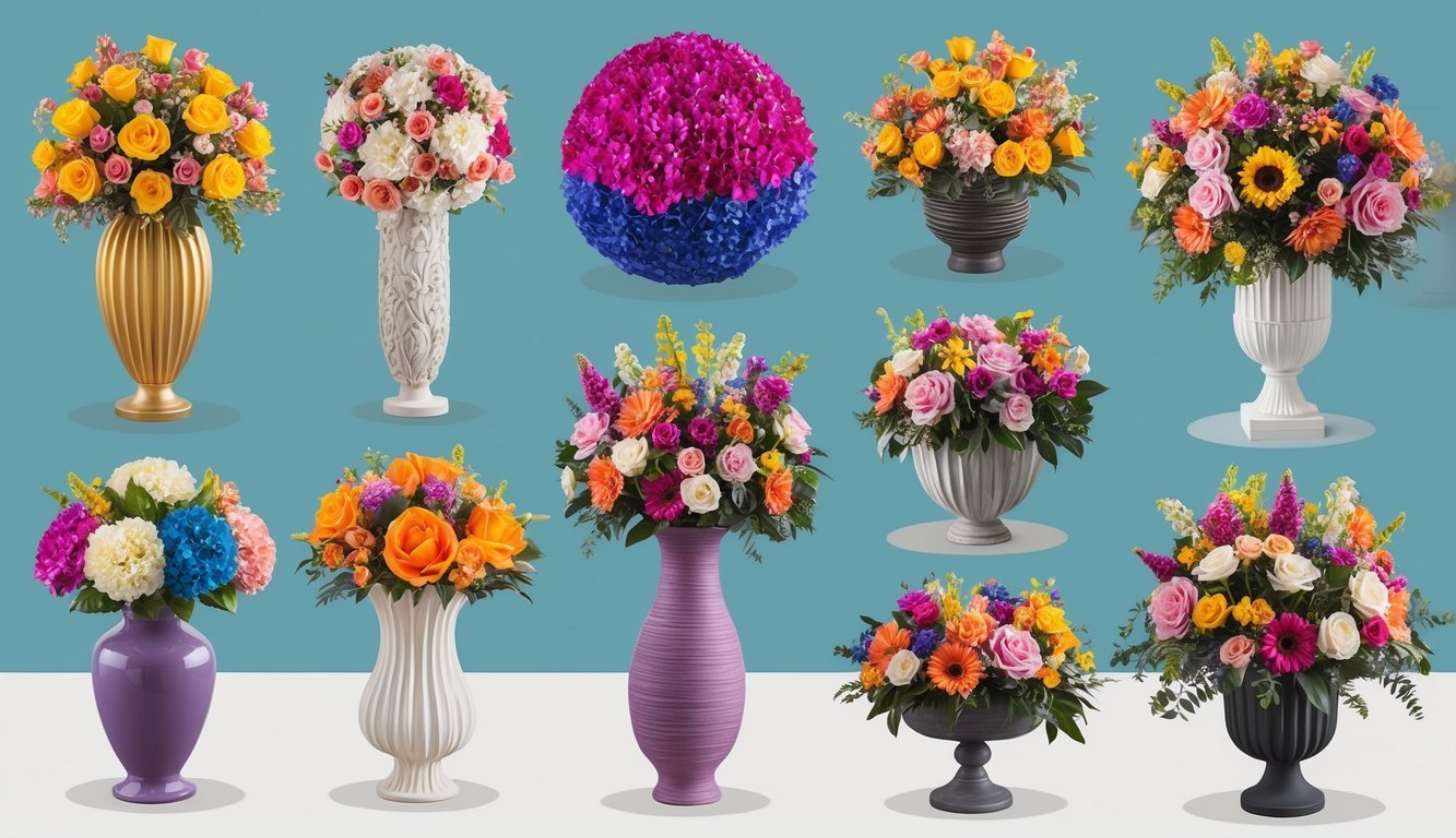 Vibrant floral sculptures arranged in a variety of creative ways as centerpieces for a wedding decor