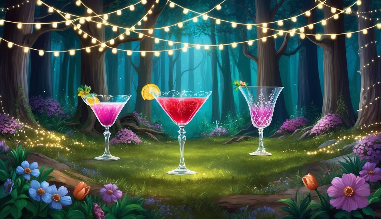 A magical forest clearing with twinkling fairy lights, ornate cocktail glasses, and blooming flowers creating a whimsical fairytale ambiance