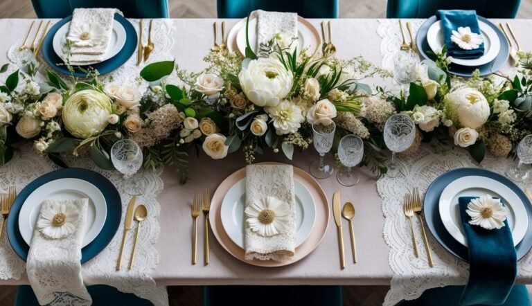 Elegant table setting with floral centerpiece, gold cutlery, and blue accents