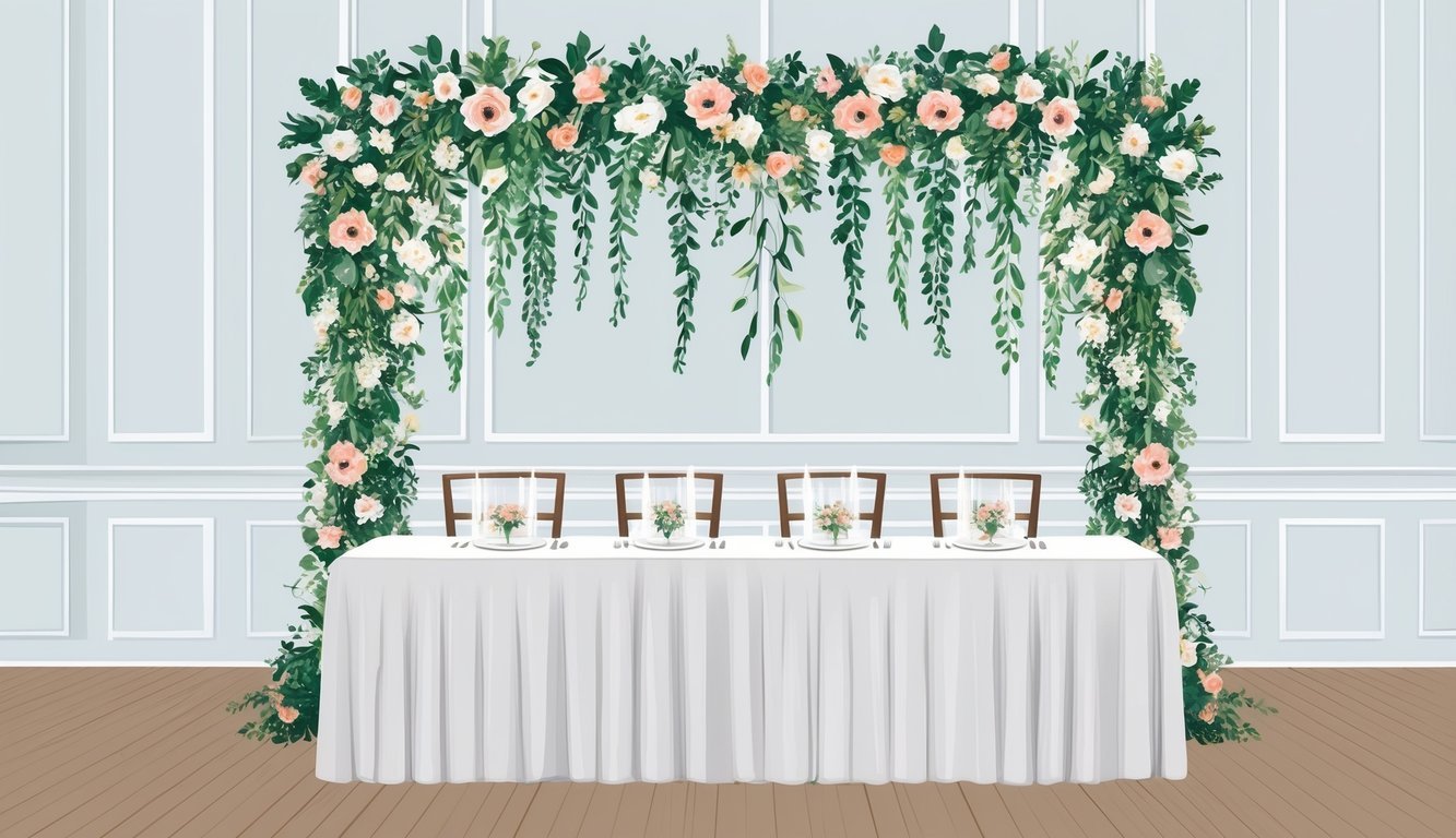 A cascading floral curtain serves as a backdrop for the head table at a wedding, adding a romantic and elegant touch to the decor