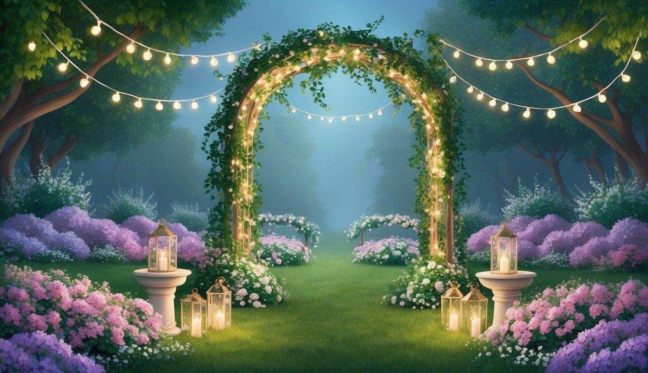 A whimsical garden with blooming flowers, twinkling lights, and a grand arch adorned with vines and fairy lights, creating a dreamy atmosphere for a fairytale wedding