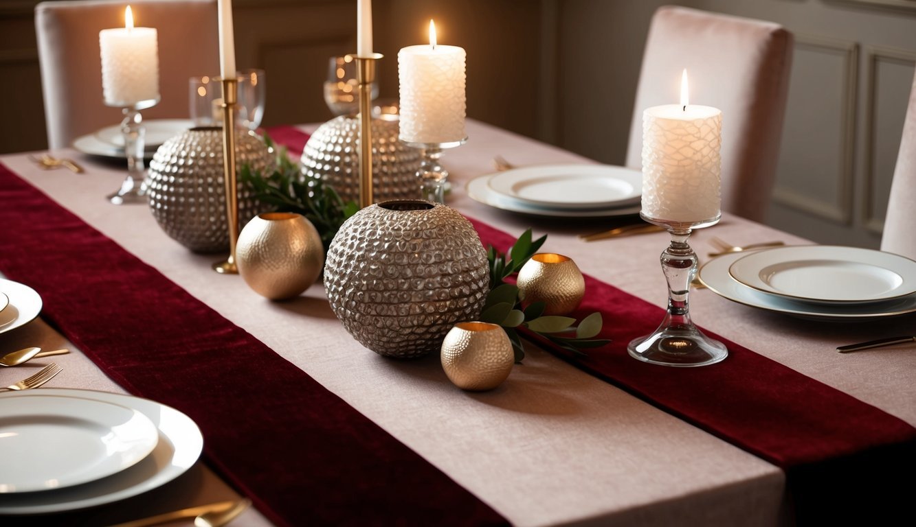 A table adorned with rich velvet runners, complemented by textured centerpieces and soft candlelight