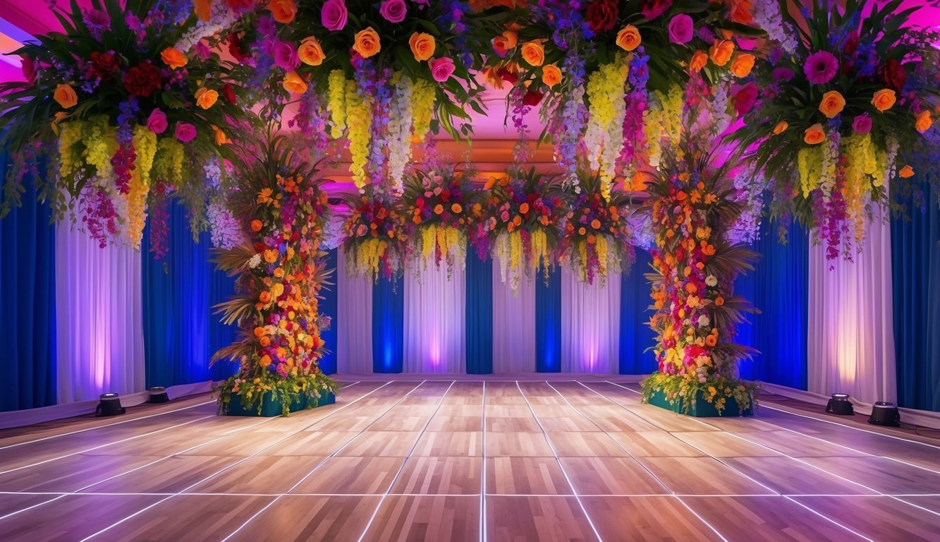 A dance floor adorned with colorful flower installations, creating a vibrant and enchanting atmosphere for a wedding celebration