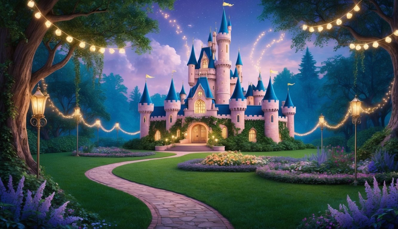 A grand castle nestled in a lush, enchanted forest, with a winding path leading to a romantic, flower-filled courtyard.</p><p>Twinkling lights and ethereal decor create a magical atmosphere