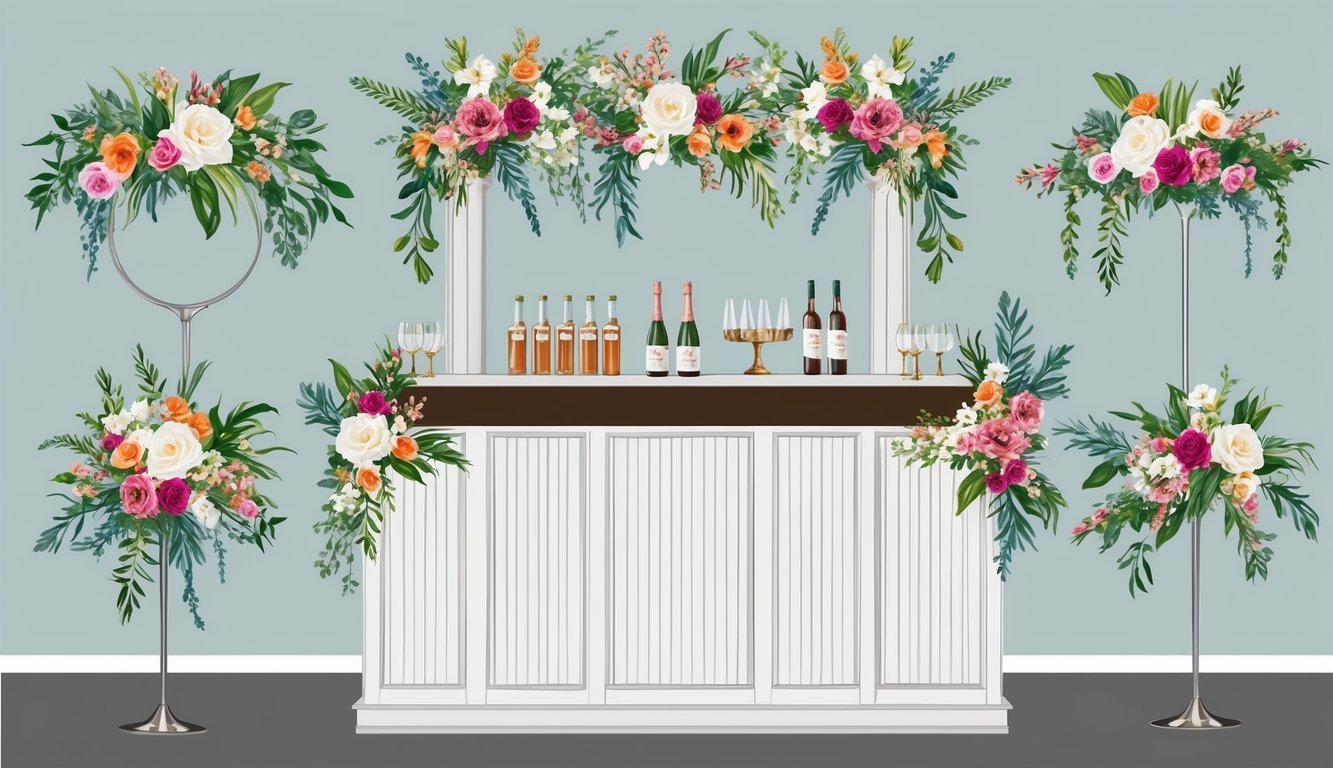 A bar adorned with fresh floral installations in various creative ways, adding a touch of elegance and beauty to the wedding decor