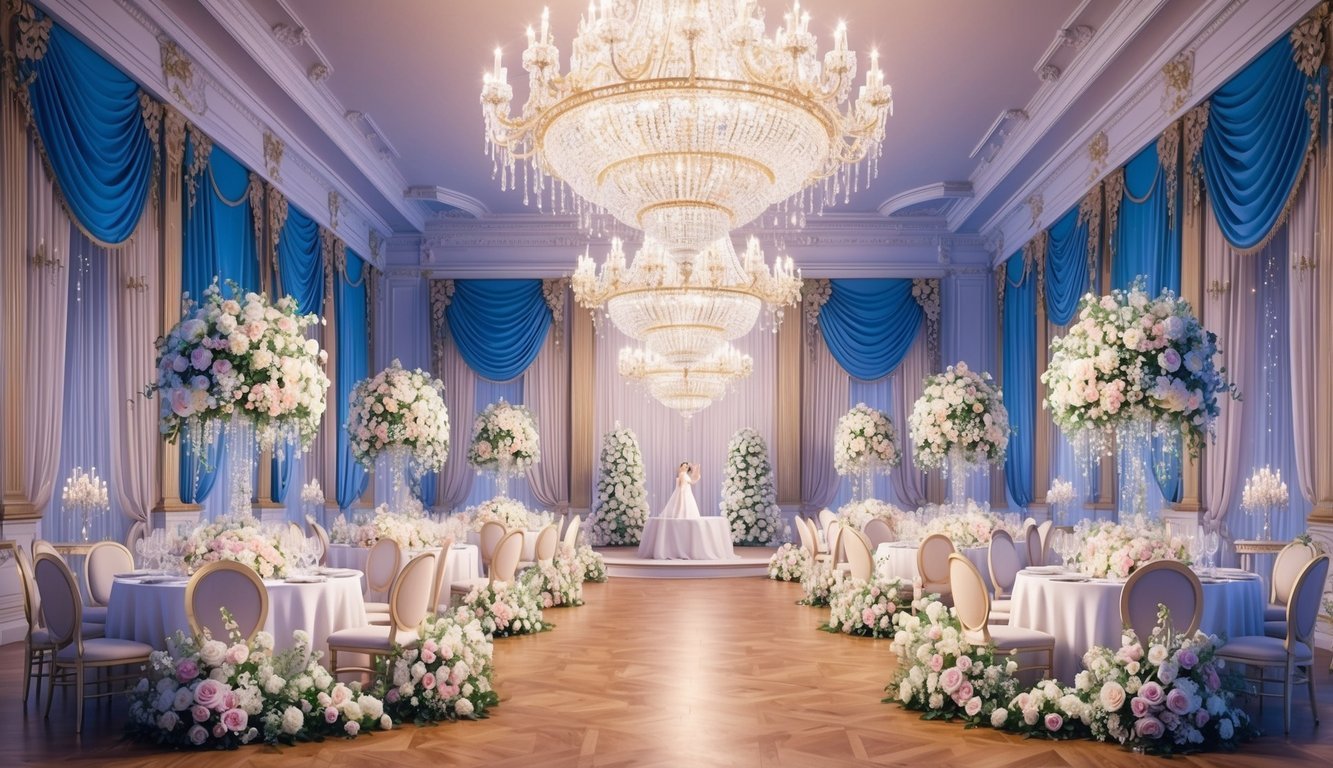 A grand, ornate ballroom with sparkling chandeliers, elegant drapery, and lush floral arrangements creating a magical atmosphere for a fairytale wedding