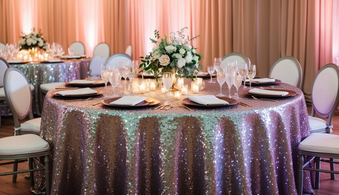 A wedding reception with sequin tablecloths shimmering under soft lighting, adding texture and glamour to the decor