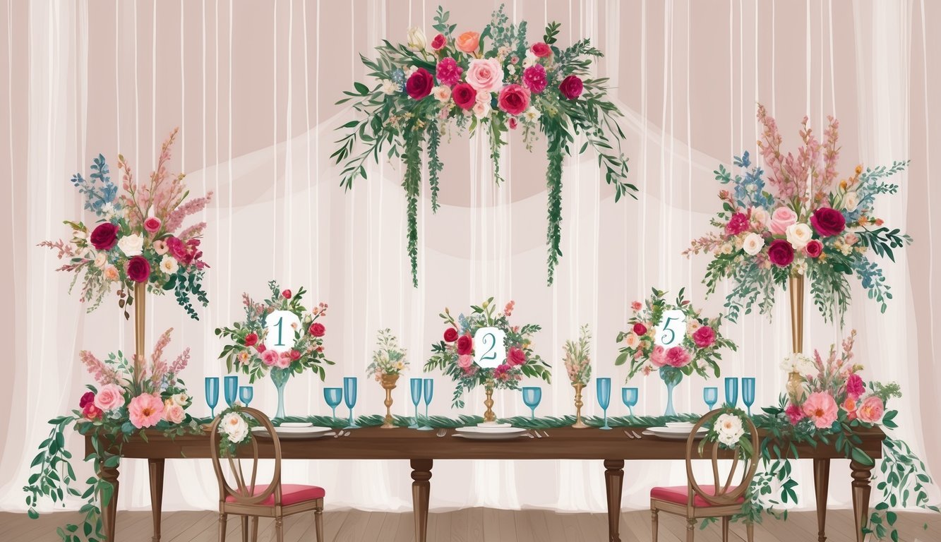 A wedding reception table adorned with various floral installations, including elegant floral table numbers, creating a romantic and whimsical atmosphere