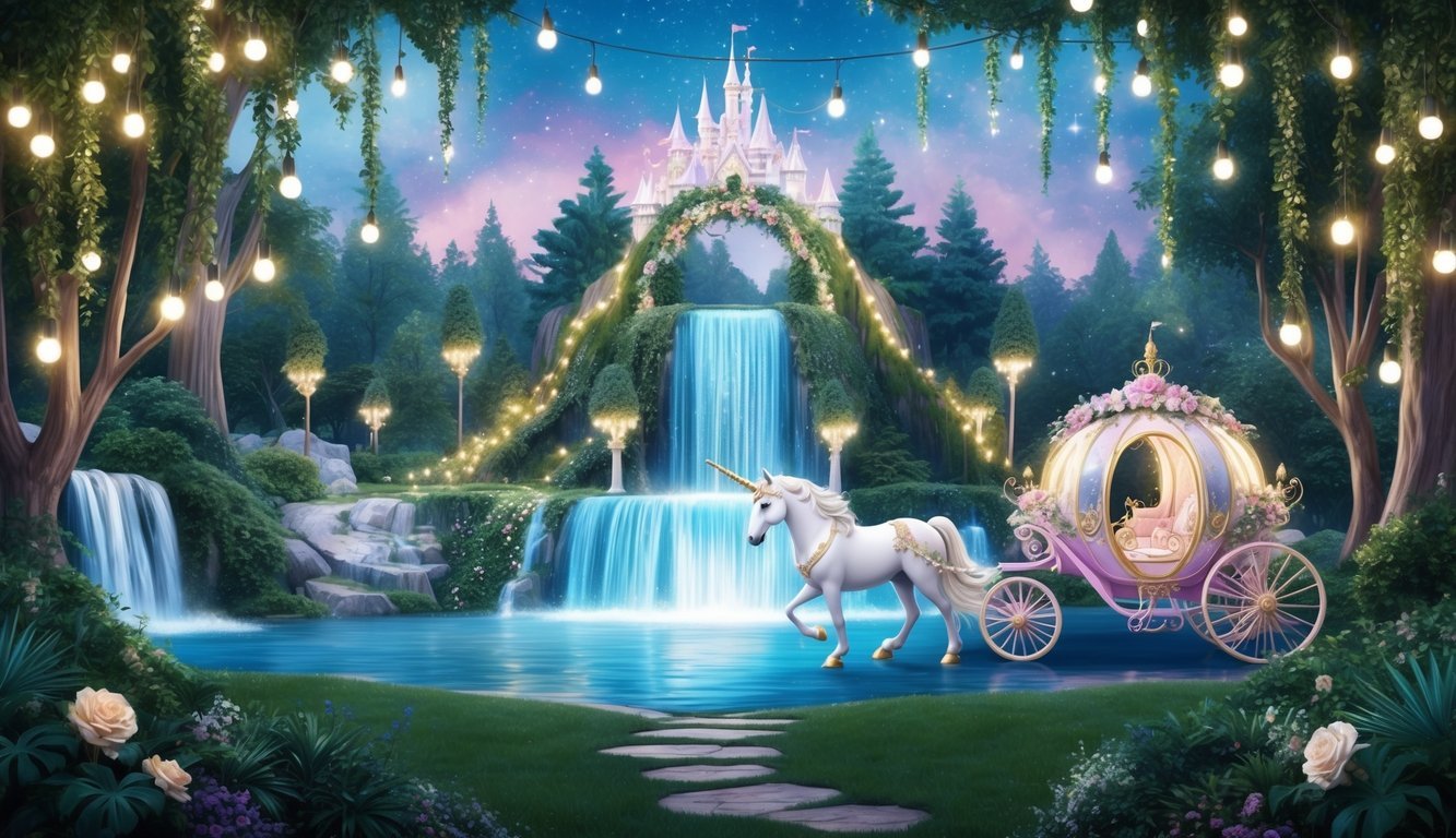 A grand, enchanted forest wedding with twinkling lights, a cascading waterfall, and a magical unicorn-drawn carriage