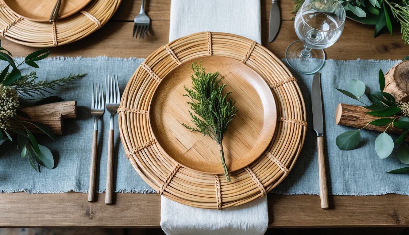 A rustic wedding table setting with rattan charger plates, textured linens, and natural elements like wood and greenery