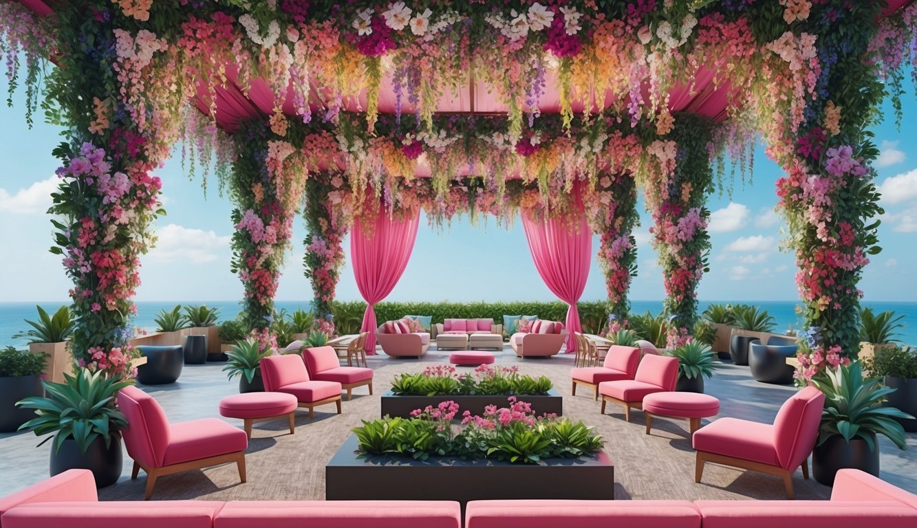 A vibrant floral canopy drapes over a lounge area, creating a lush and inviting atmosphere