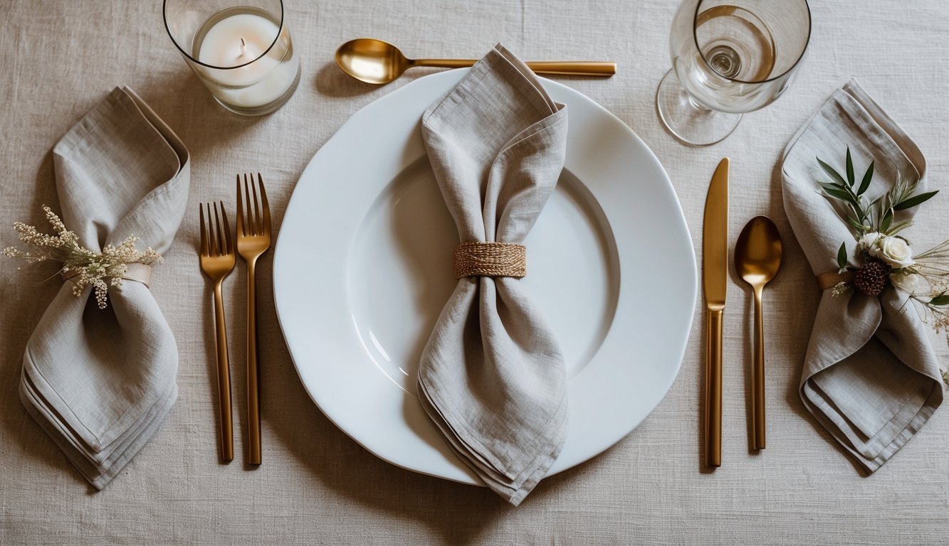 A table set with linen napkins folded in various creative ways, adding texture to the wedding decor