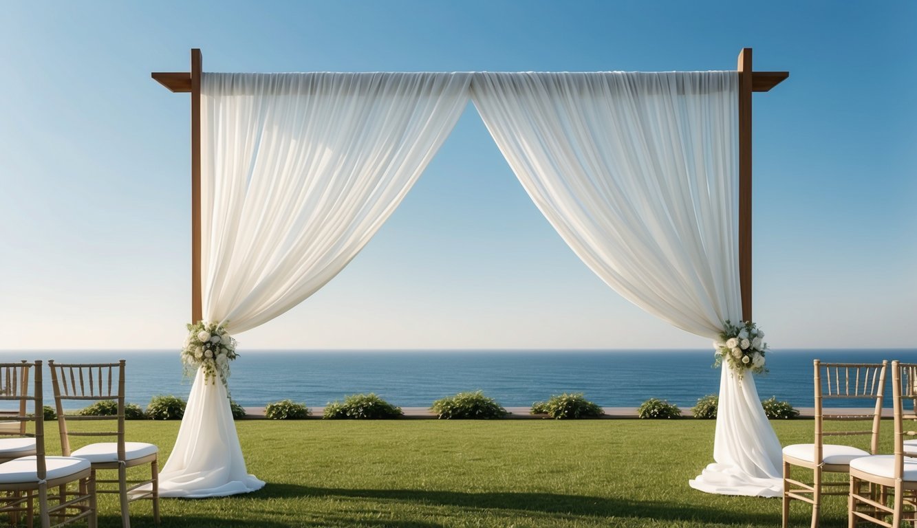 A chiffon drapery billows softly in the breeze, adding elegant texture to a romantic wedding ceremony backdrop