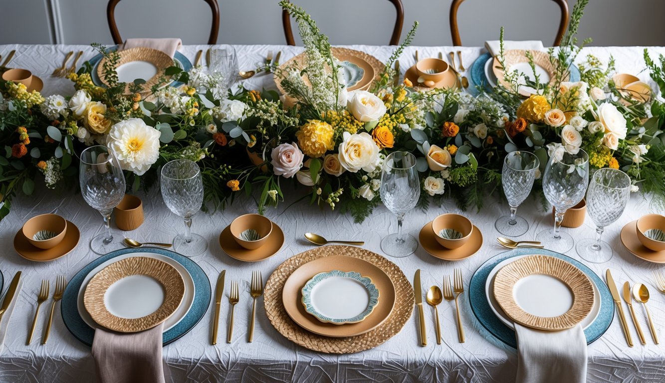 A wedding table adorned with textured linens, ceramic dishes, floral arrangements, and intricate place settings, creating a visually dynamic and tactile experience