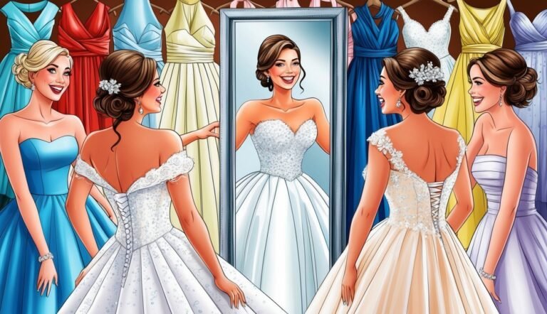 Woman in wedding dress looking in mirror, surrounded by friends and dresses