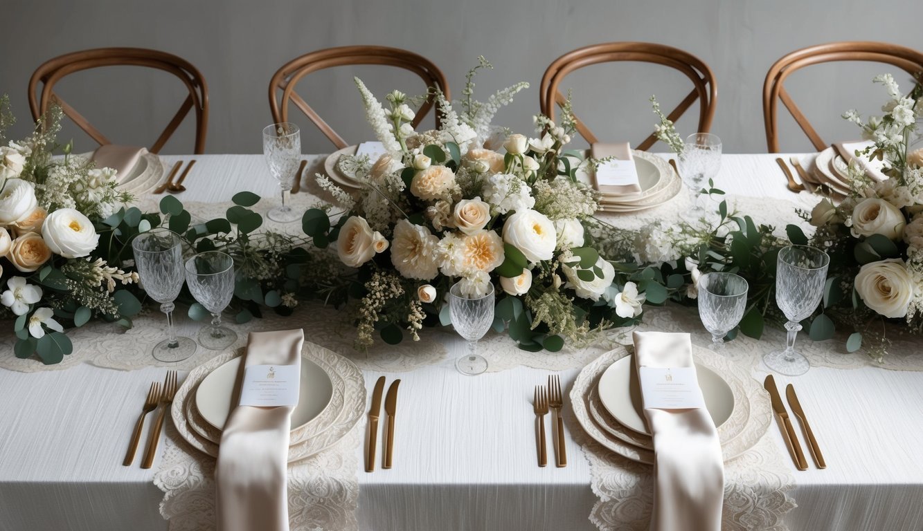 A wedding table adorned with textured linens, layered with delicate lace, and accented with lush floral arrangements and intricate beaded details