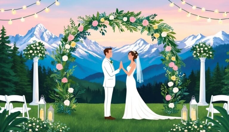 Wedding couple holding hands under floral arch with mountain backdrop