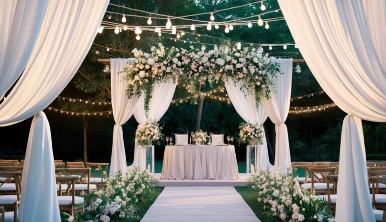 Outdoor wedding ceremony with floral arch, draped fabric, and string lights