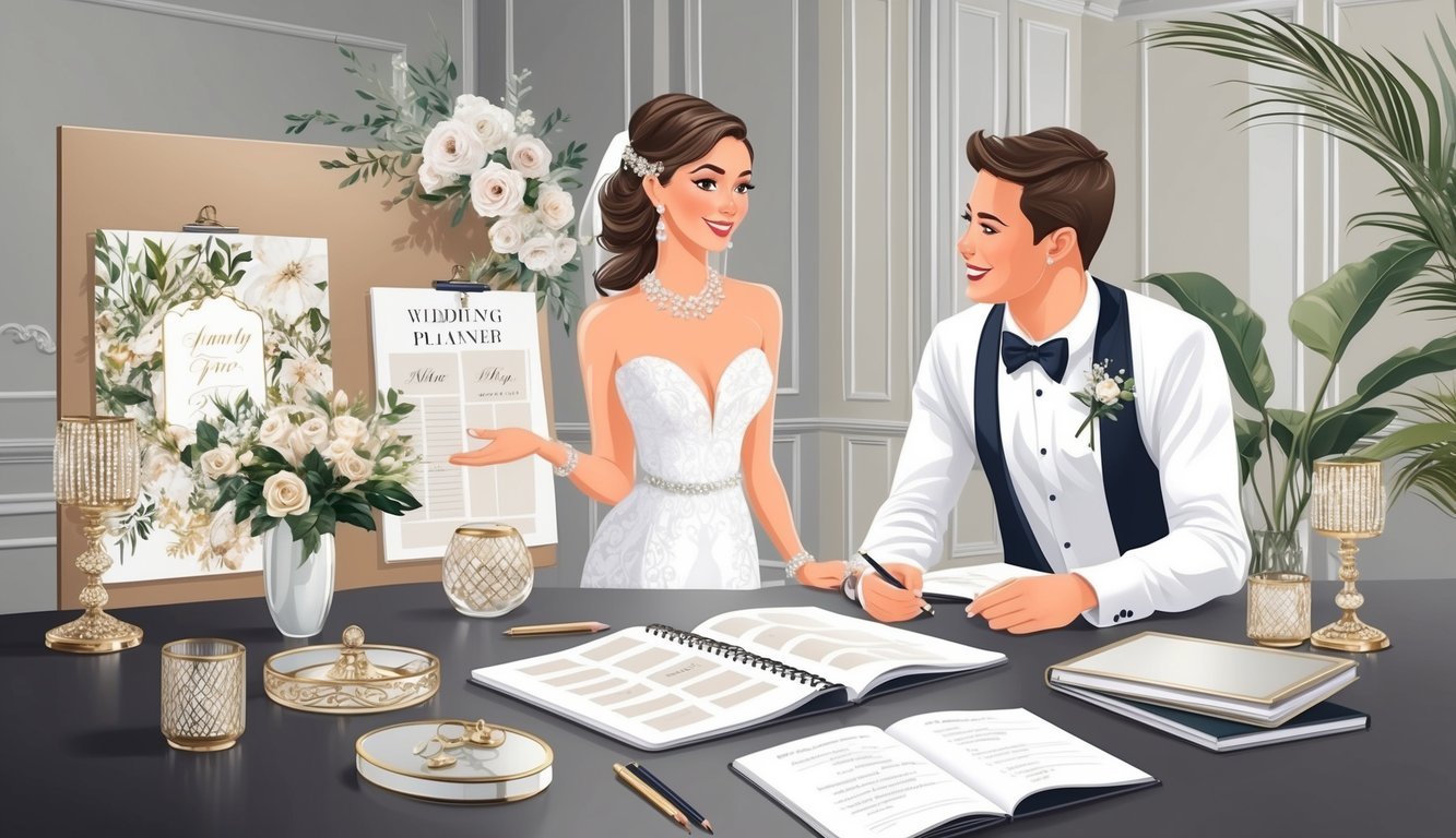 A luxury wedding planner surrounded by elegant decor, a mood board, and a notebook, while discussing details with a couple