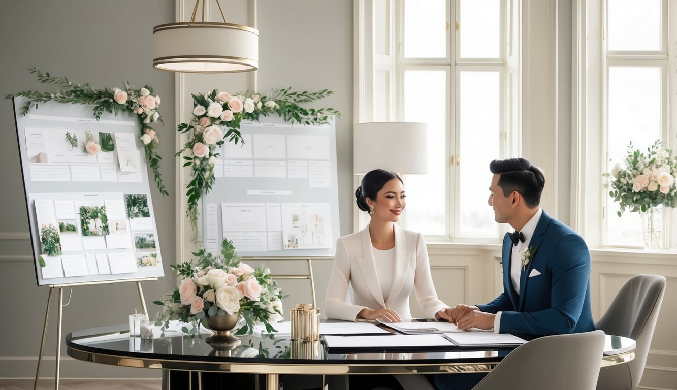 A luxury wedding planner seated at a sleek desk, surrounded by elegant decor and a mood board, discussing plans with a couple in a luxurious, light-filled office space