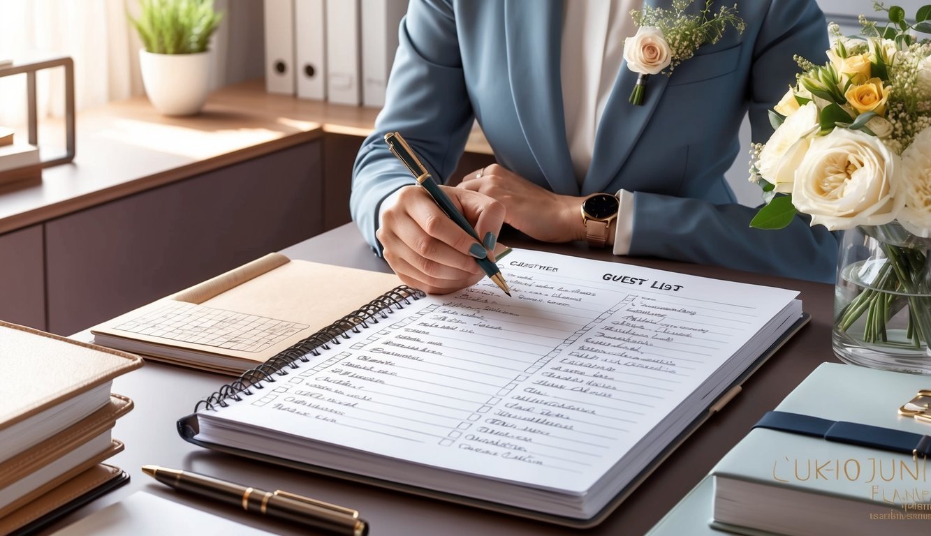 A luxurious wedding planner organizing a guest list with a pen and notebook in a stylish office setting