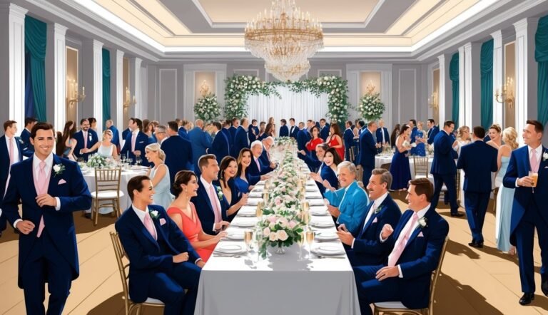 Wedding reception with guests in formal attire, long table, and floral decor