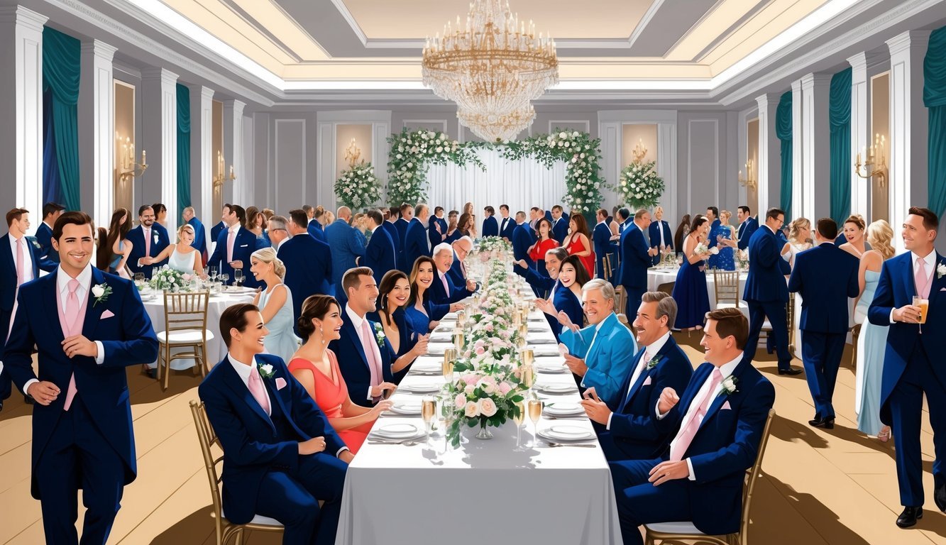 A bustling wedding reception with a long banquet table, elegant decor, and a large group of guests mingling and celebrating