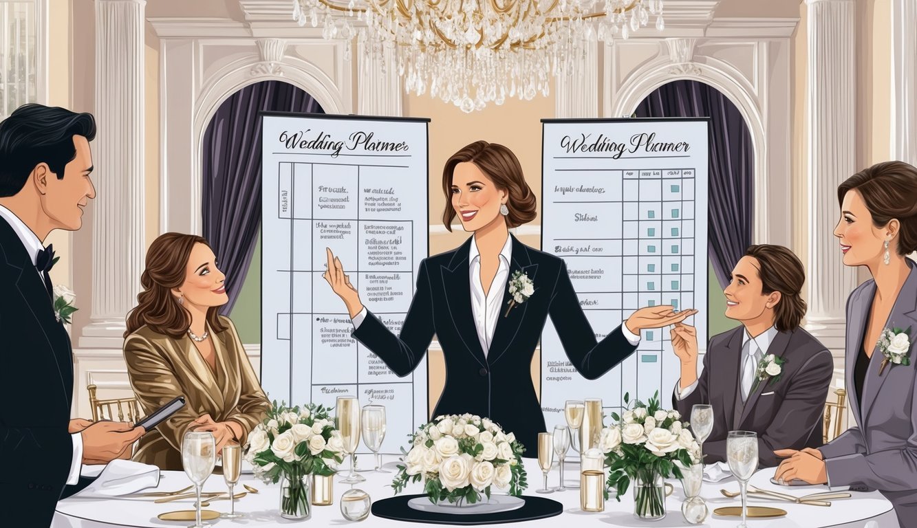 A luxury wedding planner surrounded by elegant decor, discussing details with clients, reviewing timelines, and offering expert advice