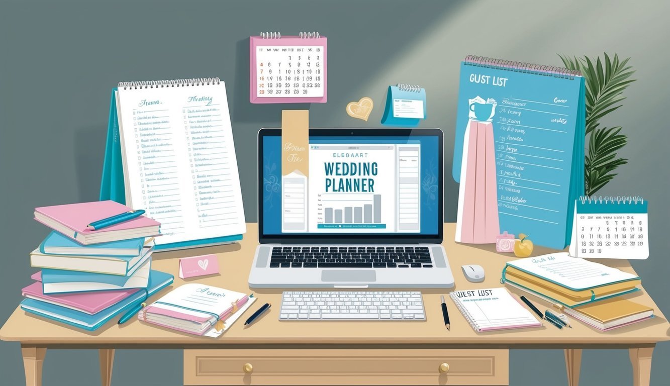 An elegant wedding planner at a desk surrounded by notebooks, a calendar, and a laptop, with a large guest list displayed on the screen