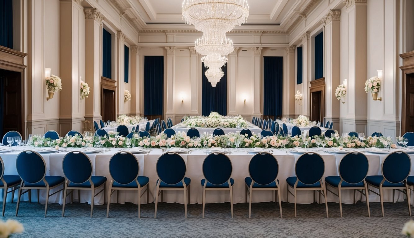 A grand banquet hall with a long dining table adorned with elegant place settings and floral centerpieces, surrounded by empty chairs waiting to be filled with the most important wedding guests