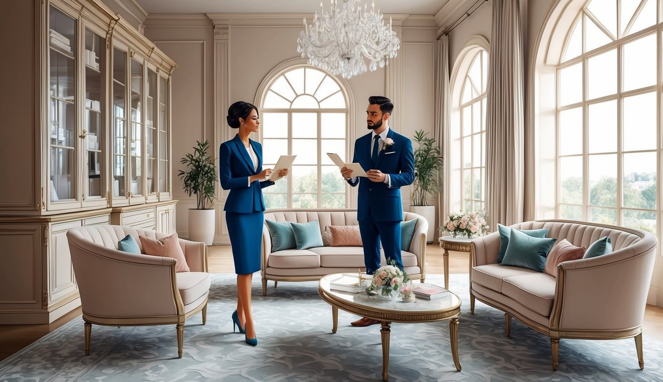 A luxury wedding planner and a client discussing details in an elegant, spacious office with large windows and luxurious furniture