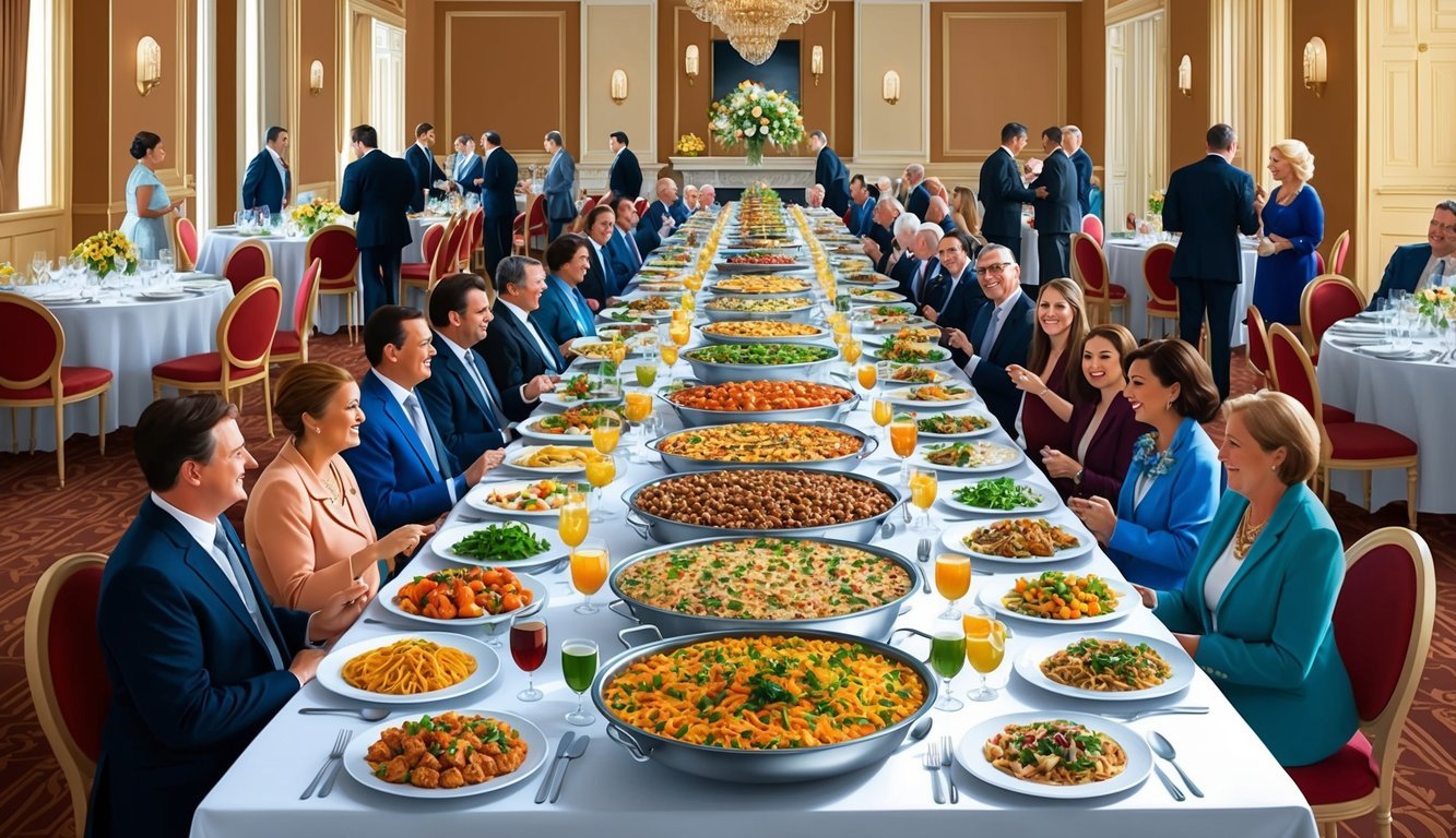 A long banquet table filled with an array of food and drink options, surrounded by elegantly decorated tables and chairs, with guests mingling and enjoying the feast