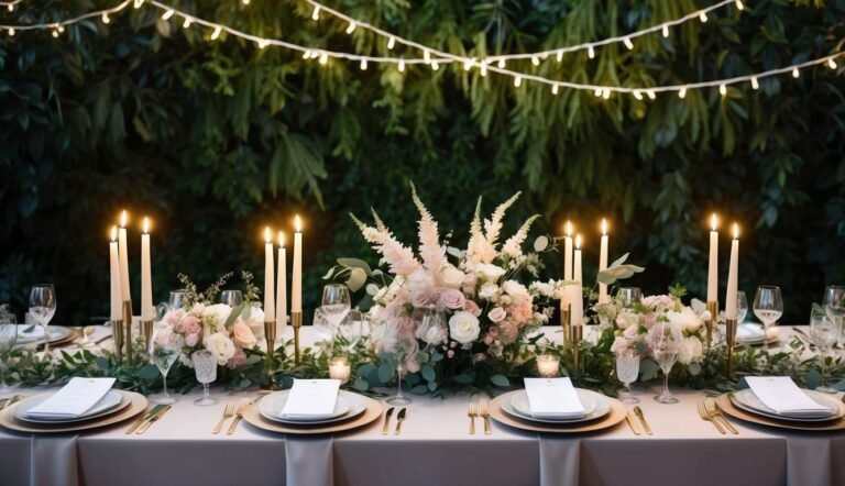 Elegant outdoor dinner table set with candles, flowers, and string lights