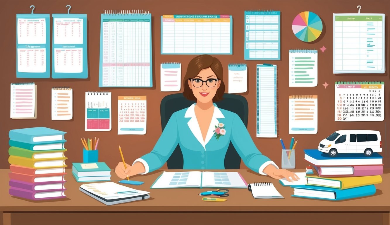 A busy wedding planner at a desk surrounded by lists, calendars, and transportation schedules